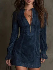 Rachel – Blue Suede Mini Dress with Lace