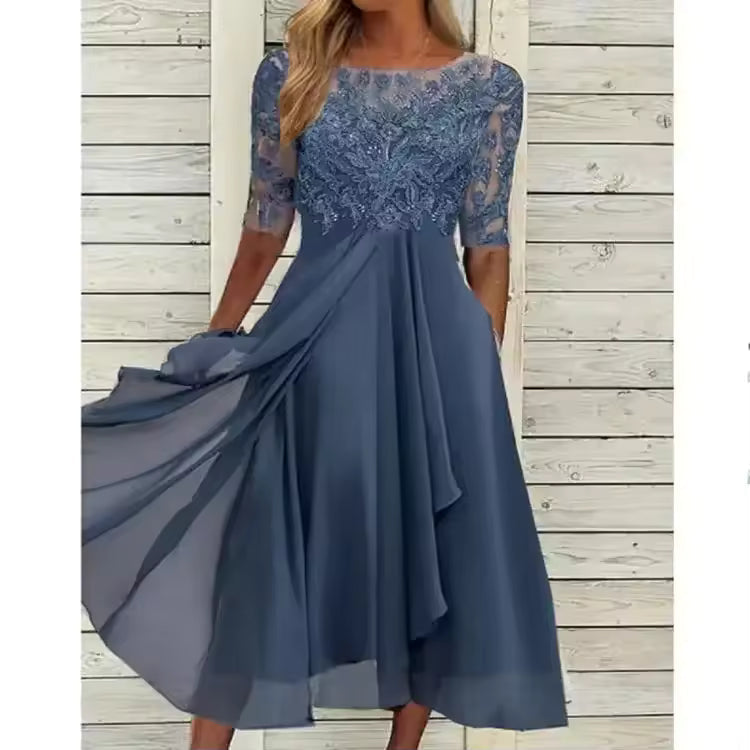 Ellis™ – Timeless Lace & Chiffon Midi Dress